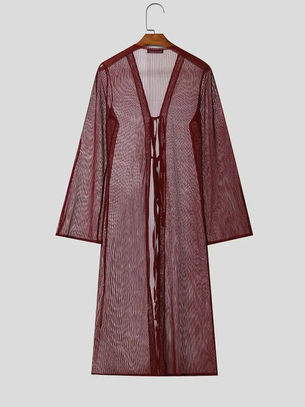 Men's Avant-Garde Longline Sheer Ribbed Tie-Front Flared Sleeve Cardigan SKUL57687 sold by Incerunmen product image thumbnail 5