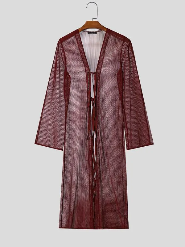 Men's Avant-Garde Longline Sheer Ribbed Tie-Front Flared Sleeve Cardigan SKUL57687 sold by Incerunmen product image thumbnail 4