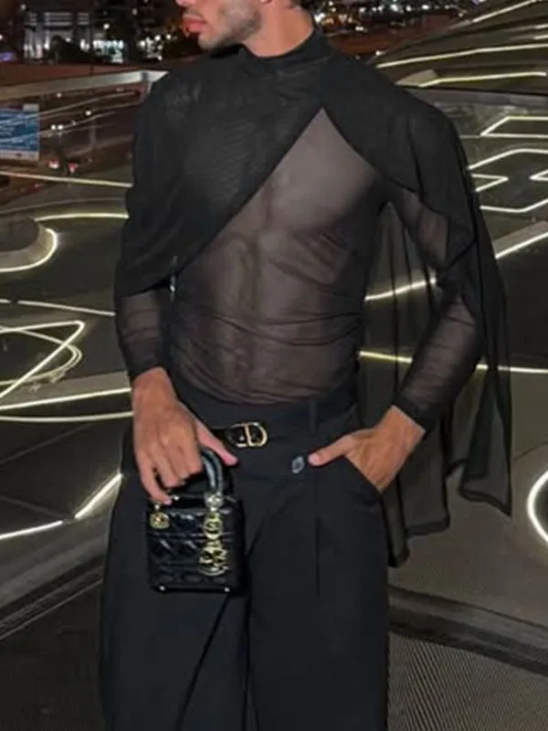 Men's Sheer Shawl Patchwork Long Sleeve T-shirt SKUL57164 sold by Incerunmen