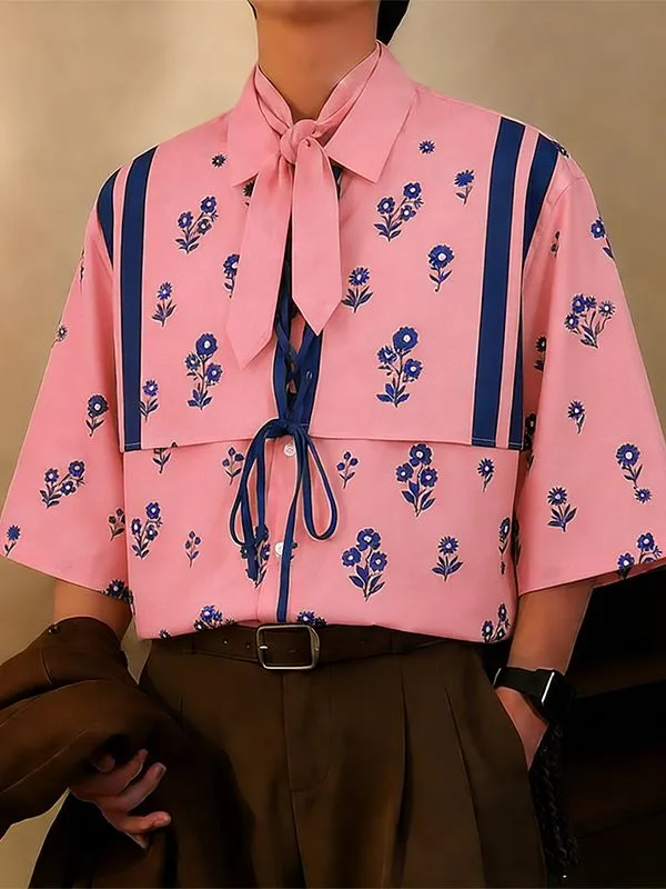 Men's Vintage Floral Print Lace-up Front Short Sleeve Scarf Shirt SKUL53038 sold by Incerunmen product image thumbnail 3