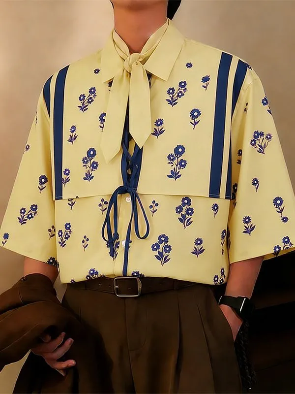 Men's Vintage Floral Print Lace-up Front Short Sleeve Scarf Shirt SKUL53038 sold by Incerunmen product image thumbnail 2