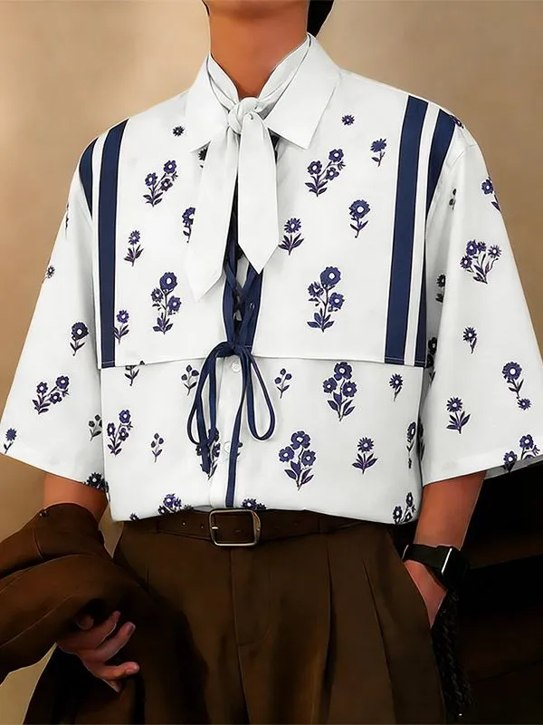 Men's Vintage Floral Print Lace-up Front Short Sleeve Scarf Shirt SKUL53038 made by Incerunmen