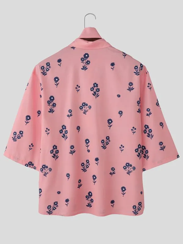 Men's Vintage Floral Print Lace-up Front Short Sleeve Scarf Shirt SKUL53038 sold by Incerunmen product image thumbnail 5