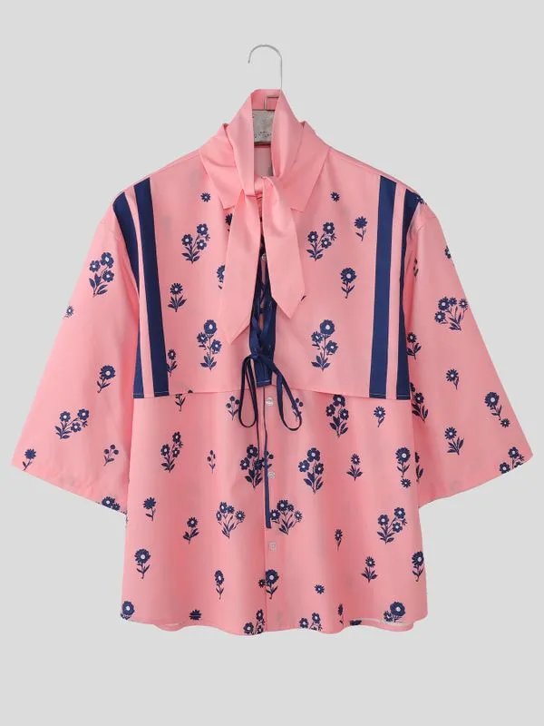 Men's Vintage Floral Print Lace-up Front Short Sleeve Scarf Shirt SKUL53038 sold by Incerunmen product image thumbnail 4