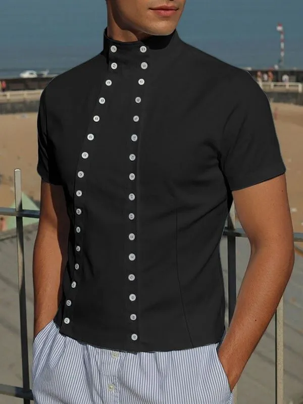 Men's Deconstructed Double Placket Button Short Sleeve Shirt SKUL59792 made by Incerunmen