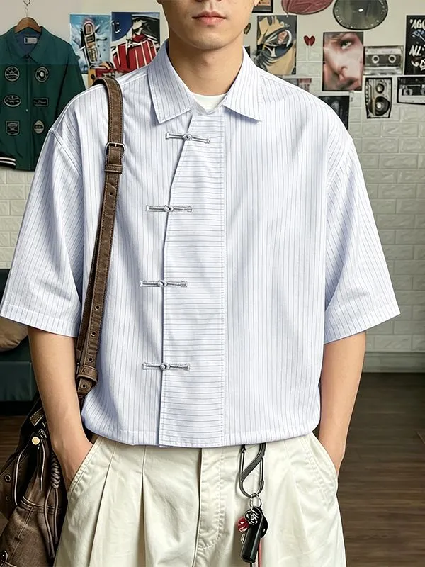 Men's New Chinese Style Vertical Stripe Frog Button Short Sleeve Shirt SKUL60142 sold by Incerunmen product image thumbnail 2