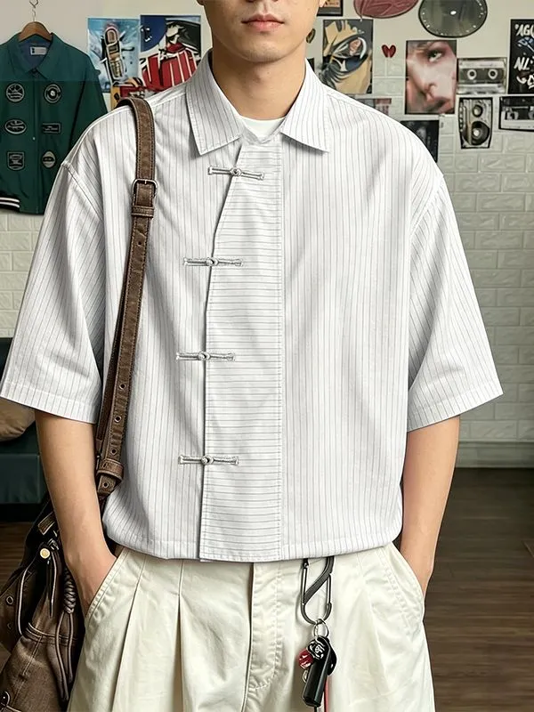 Men's New Chinese Style Vertical Stripe Frog Button Short Sleeve Shirt SKUL60142 sold by Incerunmen product image thumbnail 3