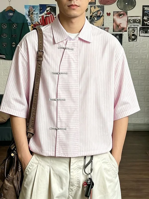 Men's New Chinese Style Vertical Stripe Frog Button Short Sleeve Shirt SKUL60142 sold by Incerunmen