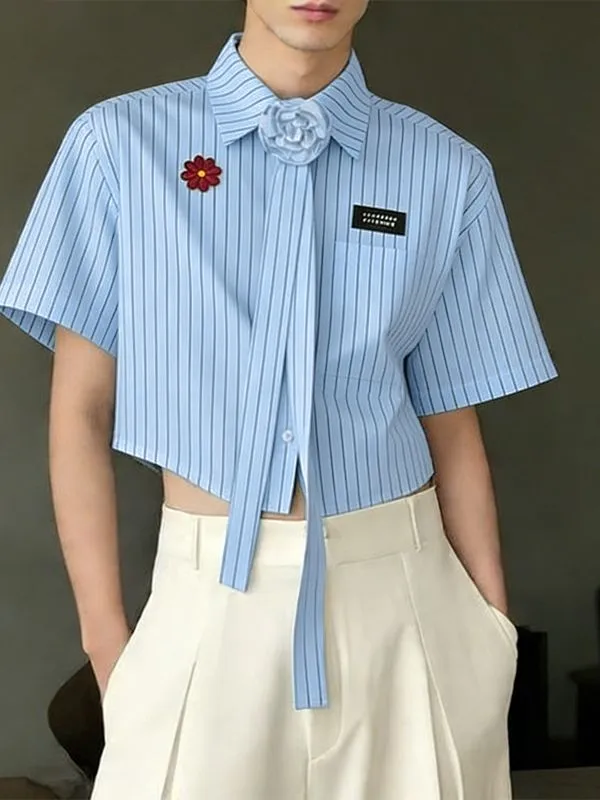 Men's 3D Floral Necktie Cropped Pinstripe Short Sleeve Shirt SKUL55375 sold by Incerunmen product image thumbnail 3