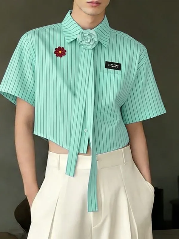 Men's 3D Floral Necktie Cropped Pinstripe Short Sleeve Shirt SKUL55375 sold by Incerunmen product image thumbnail 2