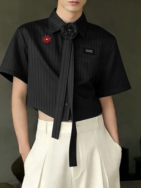 Men's 3D Floral Necktie Cropped Pinstripe Short Sleeve Shirt SKUL55375 sold by Incerunmen