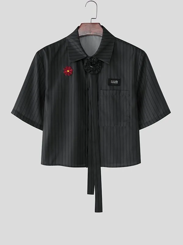 Men's 3D Floral Necktie Cropped Pinstripe Short Sleeve Shirt SKUL55375 sold by Incerunmen product image thumbnail 4