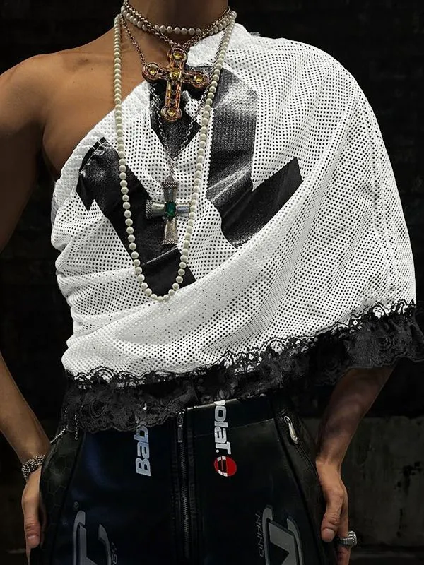 Men's Avant-Garde One-Shoulder Number Print Mesh Ruffle Lace Hem Tank SKUL54411 made by Incerunmen