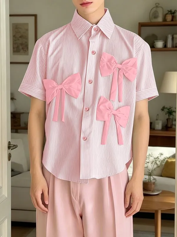 Men's Avant-Garde 3D Bow Pinstripe Short Sleeve Shirt SKUL58766 made by Incerunmen