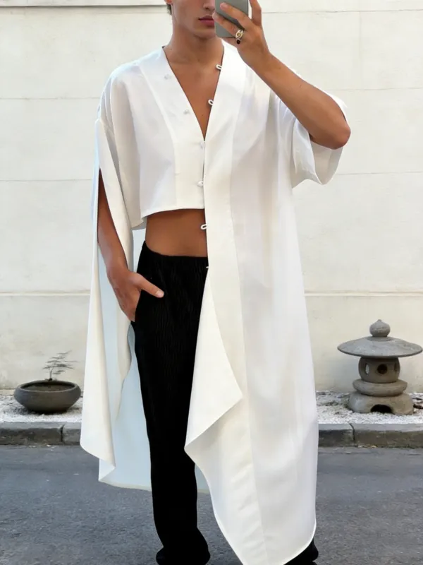 Men's Avant-Garde Asymmetrical Cropped High-Low Button-Up Cape Shirt SKUL64275 made by Incerunmen