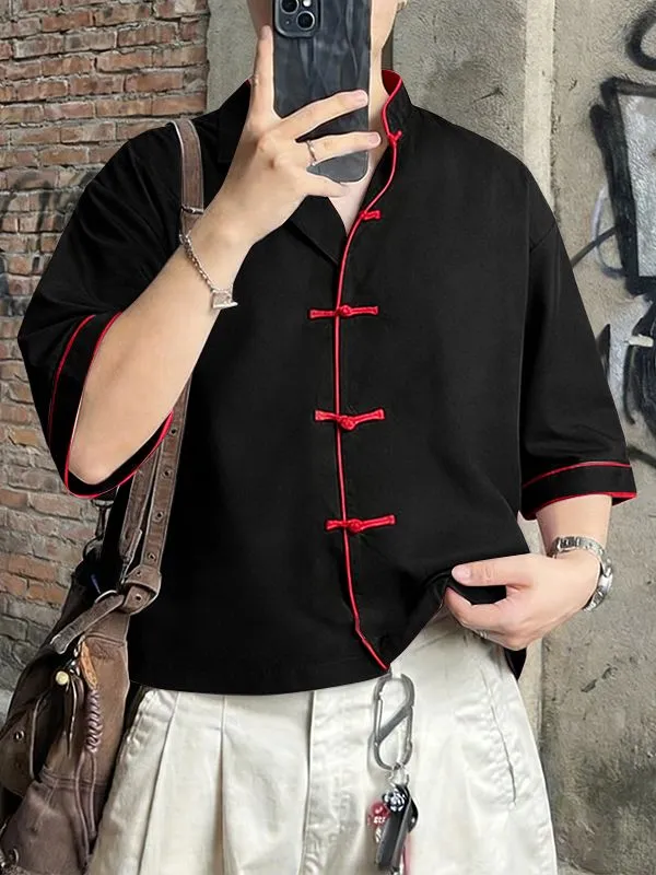 Men's Vintage Casual Lightweight Contrast Piping Frog Button Open Collar Short Sleeve Shirt SKUL55390 made by Incerunmen