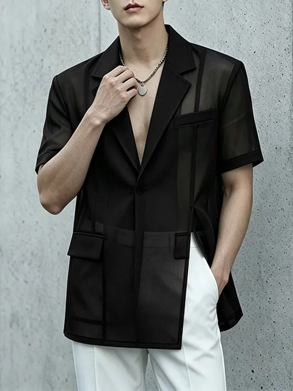 Men's Avant-Garde Sheer Organza Mesh Notch Lapel Asymmetric Split Short Sleeve Blazer SKUL58779 made by Incerunmen