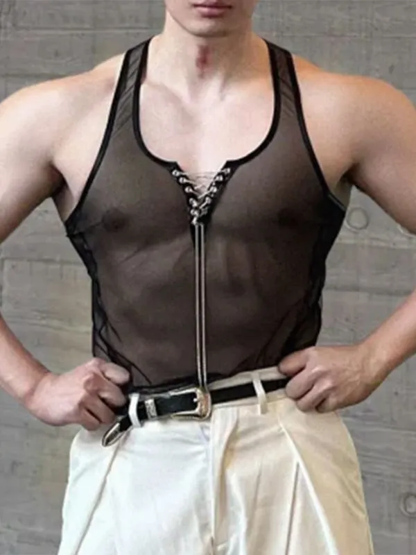 Men's Avant-Garde High Stretch Sheer Mesh Metal Chain Lace-Up Deep Scoop Neck Tank SKUL60132 made by Incerunmen