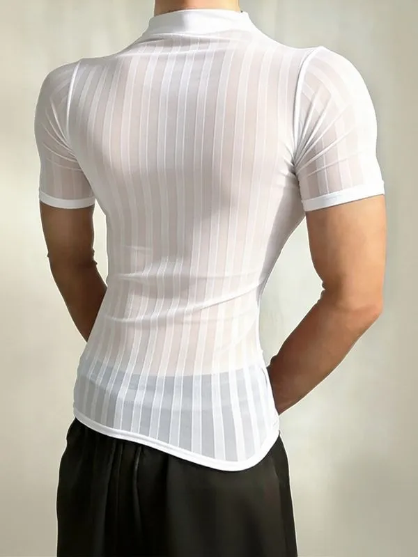 Men's Avant-Garde High Street Sheer Trend Vertical Stripe Mesh Mock Neck T-shirt SKUL64165 made by Incerunmen