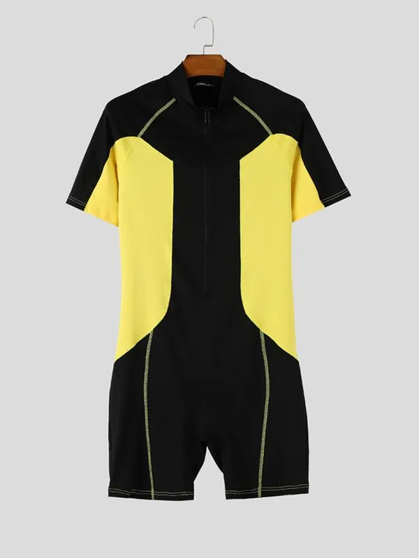 Men's Techwear Athletic Aesthetic Geometric Color-Block Convenient Front Half-Zip Bodysuit SKUL63138 sold by Incerunmen product image thumbnail 4