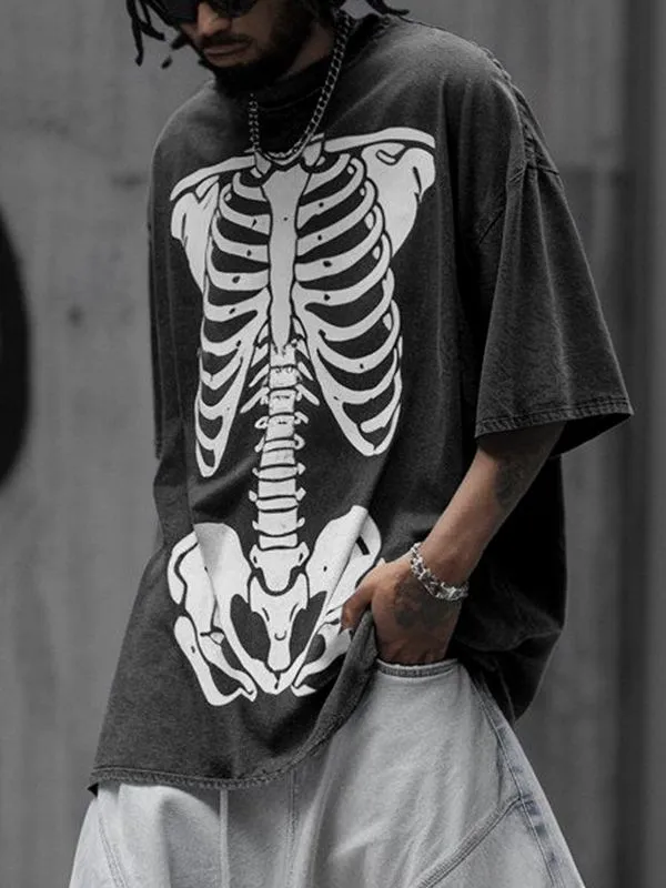 Men's Streetwear Oversized Vintage Wash Skeleton Print Streetwear T-shirt SKUL54753 made by Incerunmen