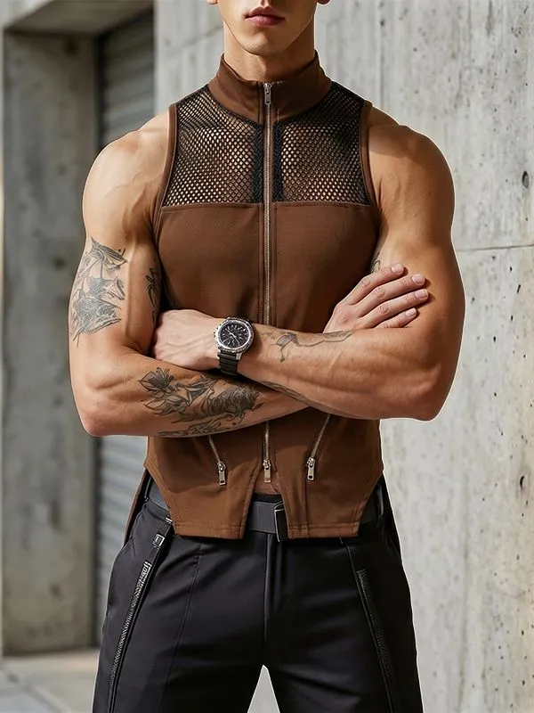 Men's Cyberpunk Streetwear Slim Fit Mesh Patchwork Multi Zipper Halter Mock Neck Tank SKUL63646 made by Incerunmen