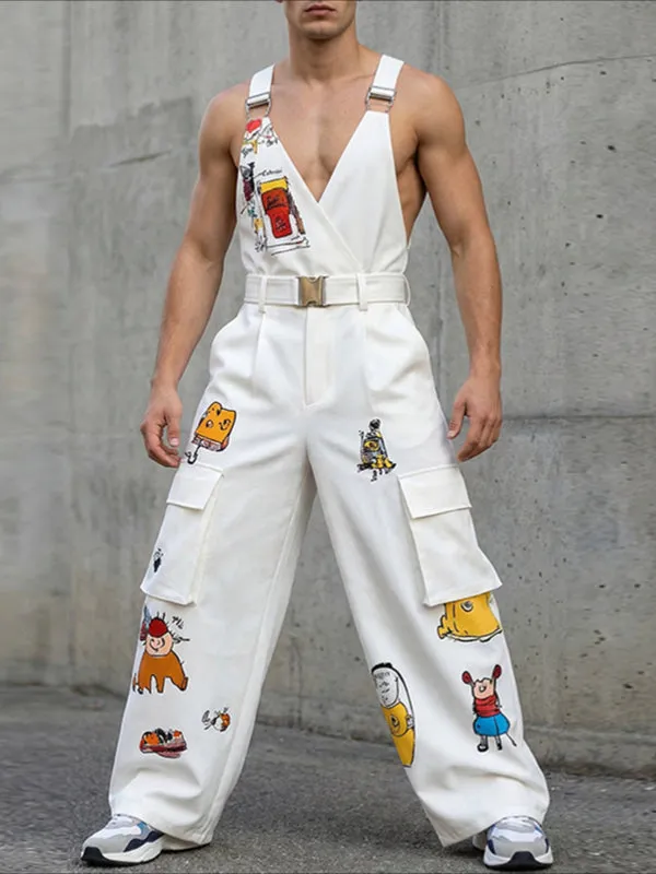 Men's Avant-Garde Cartoon Graphic Print Deep V-Neck Wide-Leg Cargo Jumpsuit SKUL65257 made by Incerunmen