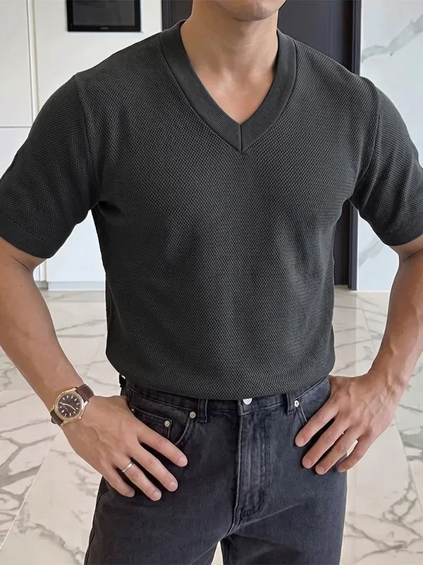 Men's Smart Casual Textured Slim Fit V-Neck Short Sleeve T-shirt SKUL69522 made by Incerunmen