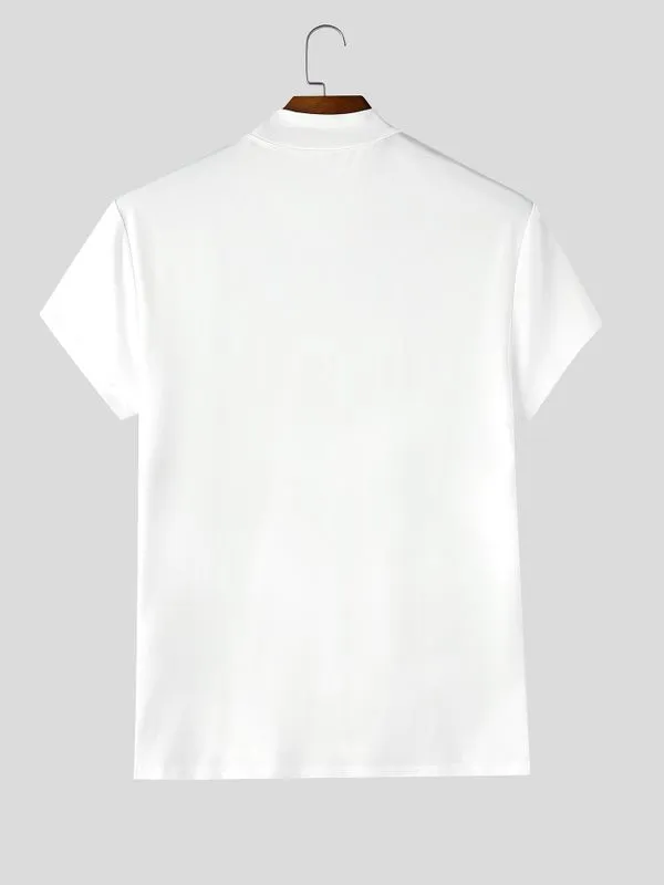 Men's Gothic Rock 3D Trompe L'oeil Chains and Cross Print Fitted Mock Neck T-shirt SKUL64277 sold by Incerunmen product image thumbnail 4