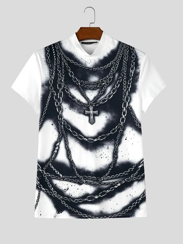 Men's Gothic Rock 3D Trompe L'oeil Chains and Cross Print Fitted Mock Neck T-shirt SKUL64277 sold by Incerunmen product image thumbnail 3
