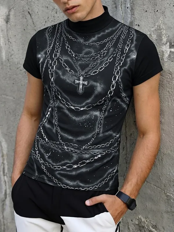 Men's Gothic Rock 3D Trompe L'oeil Chains and Cross Print Fitted Mock Neck T-shirt SKUL64277 sold by Incerunmen product image thumbnail 2