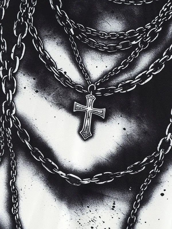 Men's Gothic Rock 3D Trompe L'oeil Chains and Cross Print Fitted Mock Neck T-shirt SKUL64277 sold by Incerunmen product image thumbnail 5