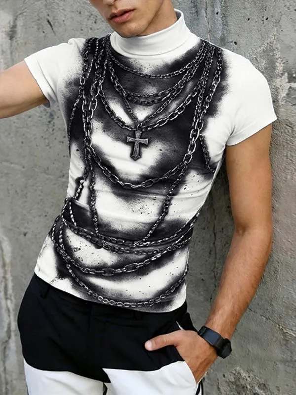 Men's Gothic Rock 3D Trompe L'oeil Chains and Cross Print Fitted Mock Neck T-shirt SKUL64277 made by Incerunmen
