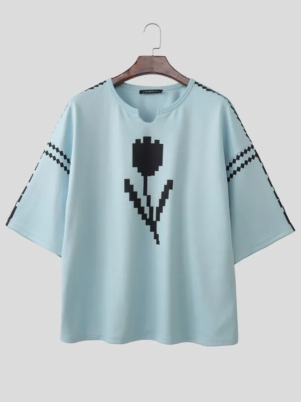 Men's High Street Retro Pixel Art Tulip Graphic Notch Neck Relaxed Knit T-shirt SKUL62117 sold by Incerunmen product image thumbnail 4