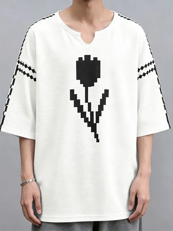 Men's High Street Retro Pixel Art Tulip Graphic Notch Neck Relaxed Knit T-shirt SKUL62117 sold by Incerunmen