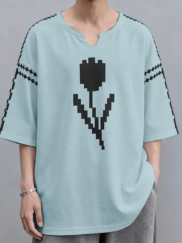 Men's High Street Retro Pixel Art Tulip Graphic Notch Neck Relaxed Knit T-shirt SKUL62117 sold by Incerunmen product image thumbnail 2