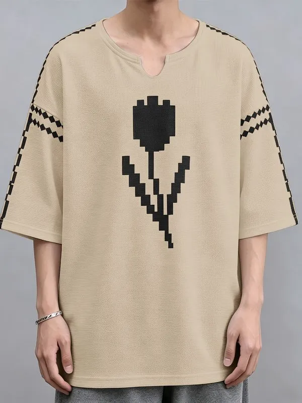 Men's High Street Retro Pixel Art Tulip Graphic Notch Neck Relaxed Knit T-shirt SKUL62117 sold by Incerunmen product image thumbnail 3