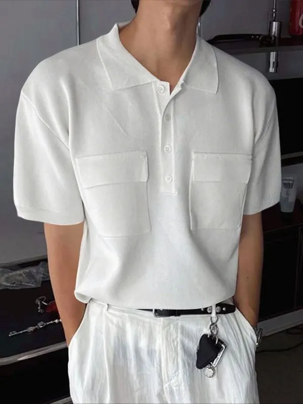 Men's Japanese Cityboy Aesthetic Dual Utility Chest Pocket Knit Polo Shirt SKUL72596 sold by Incerunmen product image thumbnail 2