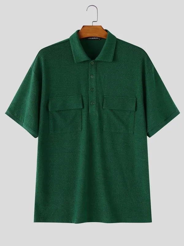 Men's Japanese Cityboy Aesthetic Dual Utility Chest Pocket Knit Polo Shirt SKUL72596 sold by Incerunmen product image thumbnail 4