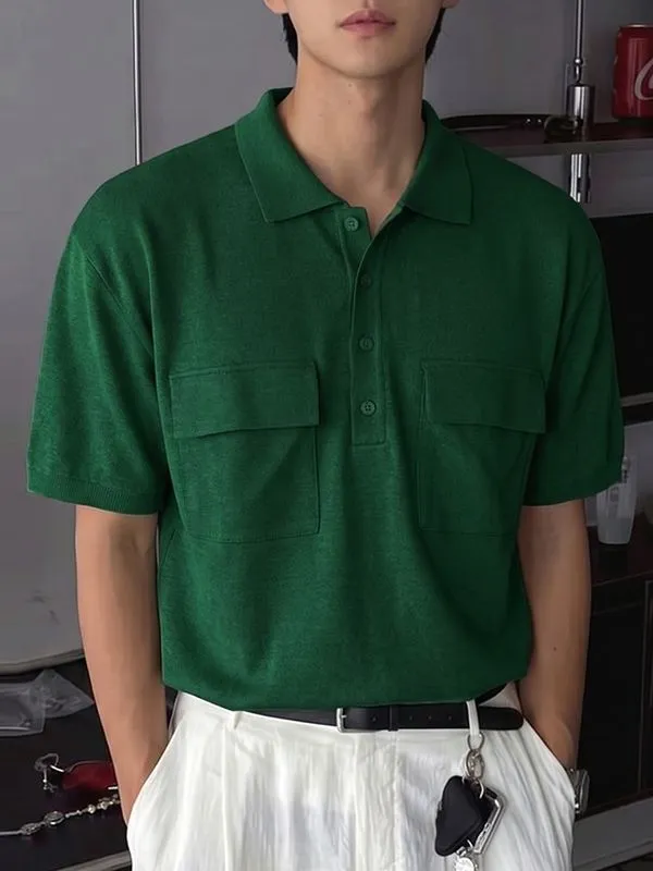 Men's Japanese Cityboy Aesthetic Dual Utility Chest Pocket Knit Polo Shirt SKUL72596 sold by Incerunmen product image thumbnail 3