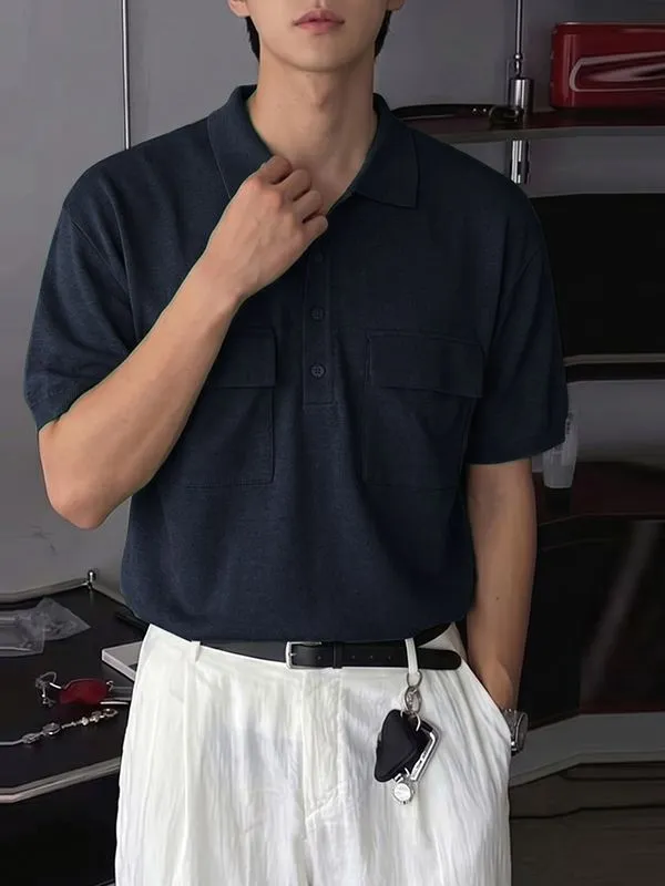 Men's Japanese Cityboy Aesthetic Dual Utility Chest Pocket Knit Polo Shirt SKUL72596 sold by Incerunmen