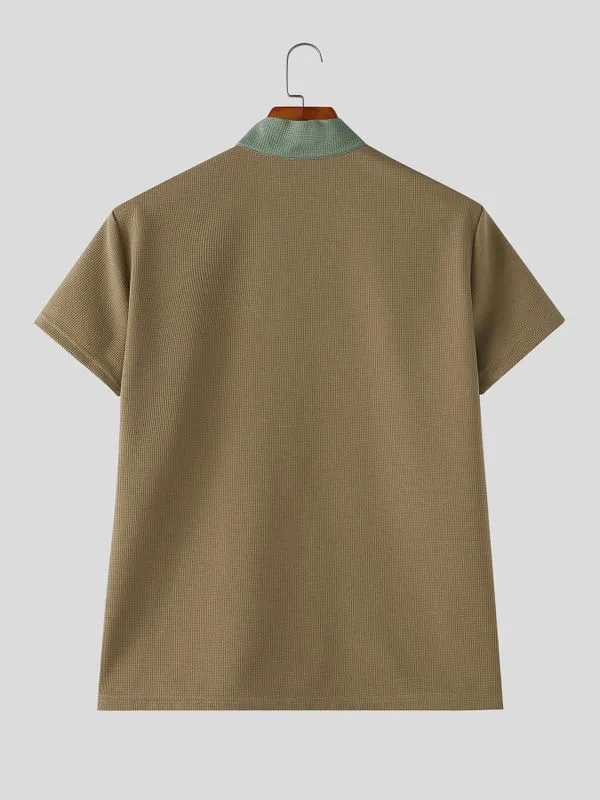 Men's Tactical Techwear Color-Block Half-Zip Stand Collar Waffle Knit Short Sleeve T-shirt SKUL73227 sold by Incerunmen product image thumbnail 5