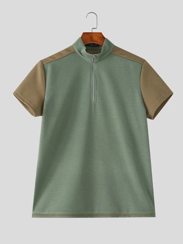 Men's Tactical Techwear Color-Block Half-Zip Stand Collar Waffle Knit Short Sleeve T-shirt SKUL73227 sold by Incerunmen product image thumbnail 4