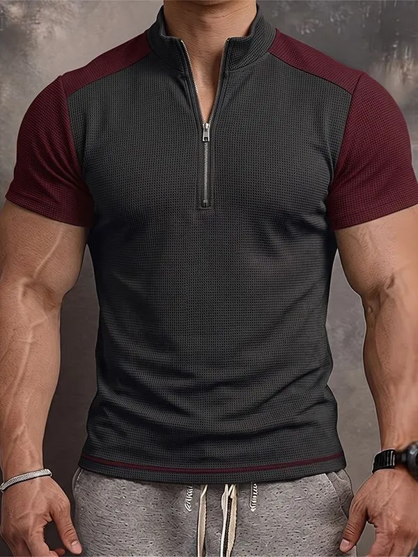 Men's Tactical Techwear Color-Block Half-Zip Stand Collar Waffle Knit Short Sleeve T-shirt SKUL73227 made by Incerunmen