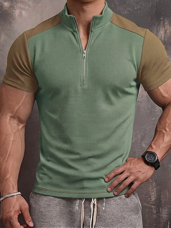 Men's Tactical Techwear Color-Block Half-Zip Stand Collar Waffle Knit Short Sleeve T-shirt SKUL73227 sold by Incerunmen product image thumbnail 3