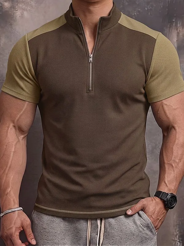 Men's Tactical Techwear Color-Block Half-Zip Stand Collar Waffle Knit Short Sleeve T-shirt SKUL73227 sold by Incerunmen product image thumbnail 2