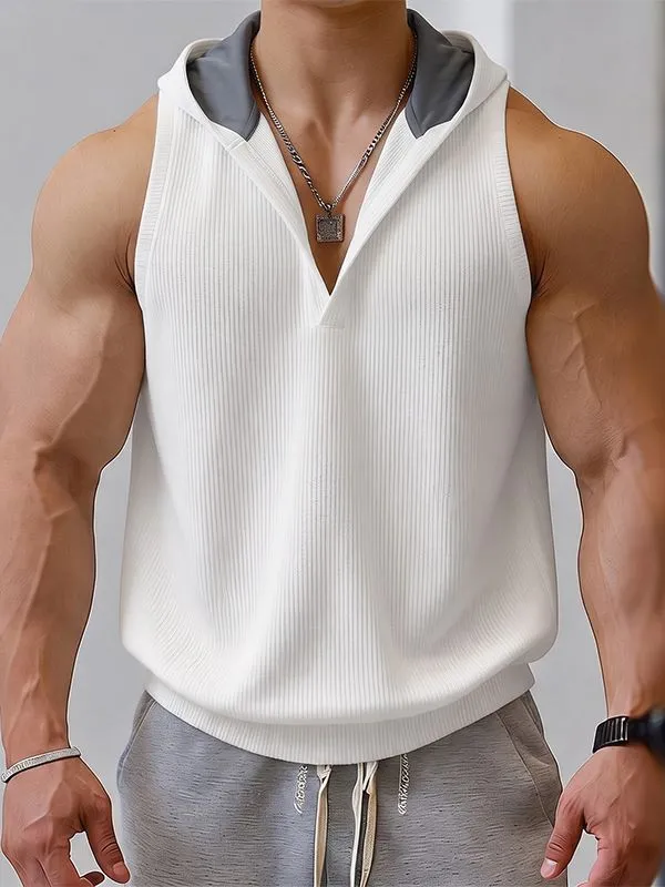 Men's Street Techwear wo-Tone Contrast Hooded Plunging V-Neck Ribbed Fitted Gym Tank SKUL73203 sold by Incerunmen product image thumbnail 2