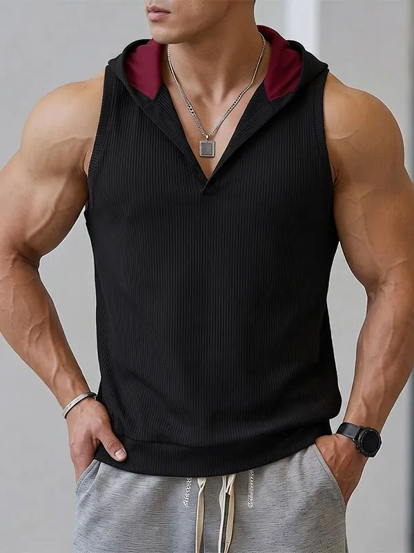 Men's Street Techwear wo-Tone Contrast Hooded Plunging V-Neck Ribbed Fitted Gym Tank SKUL73203 made by Incerunmen