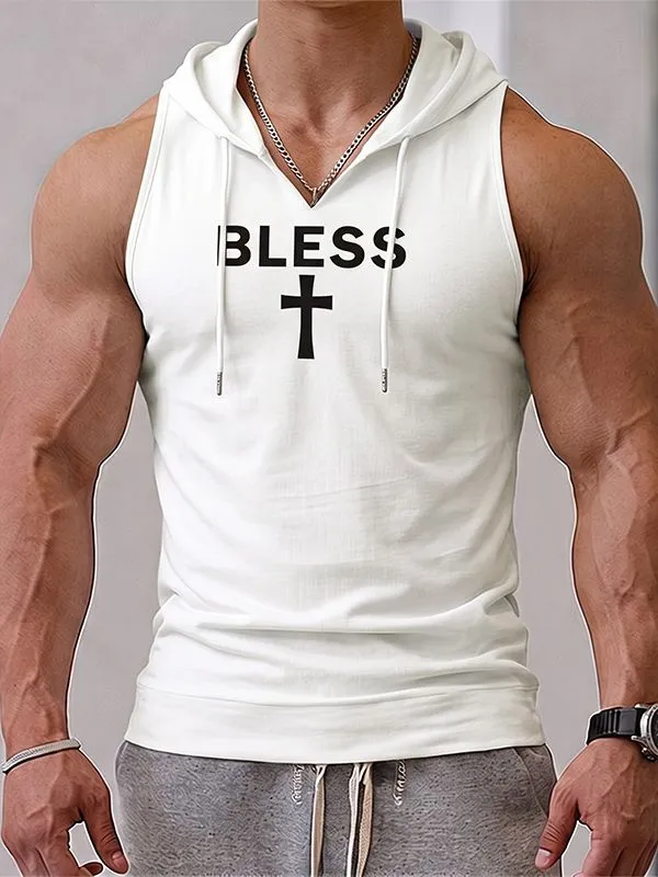 Men's American High-Street BLESS Cross Graphic Fitted Hooded Tank SKUL73205 sold by Incerunmen product image thumbnail 2