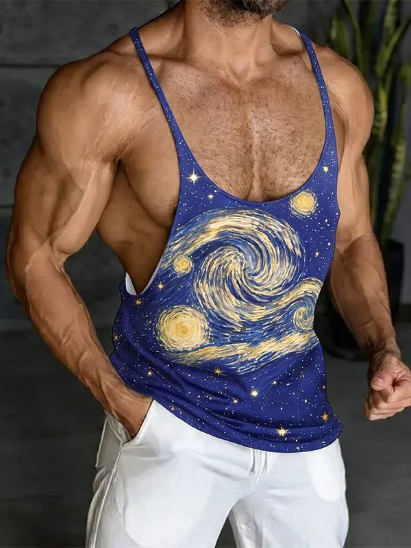 Men's High-Street Artistic Van Gogh "Starry Night" Print Deep U-Neck Tank SKUL60112 sold by Incerunmen